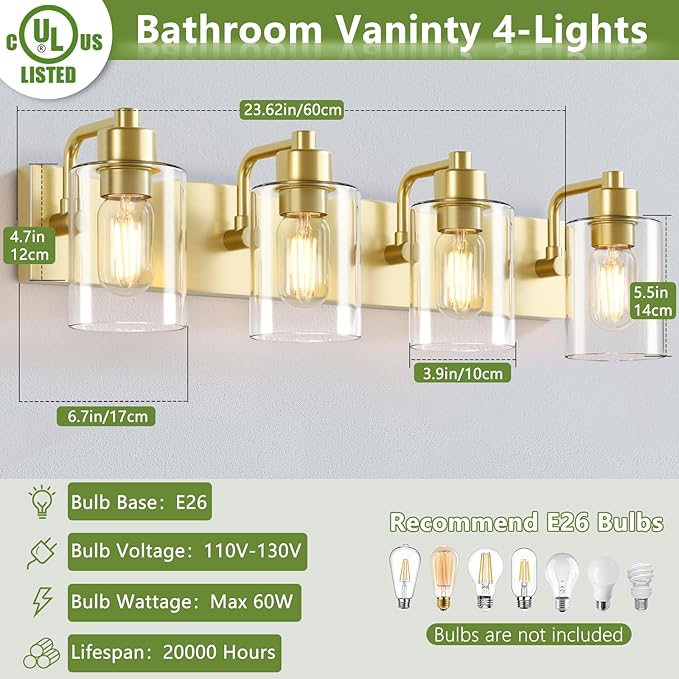 Dpyrrhic Gold Bathroom Light Fixtures,Gold Vanity Light Wall Sconces,4-Light Bathroom Lights Over Mirror with Clear Glass Shade for Kitchen Living Room Bedroom