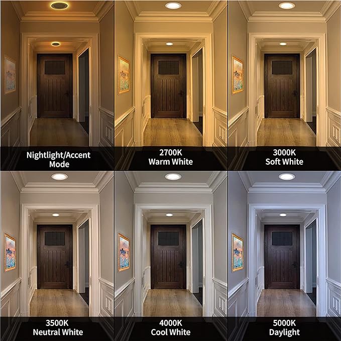 Meconard 12 Pack 4 Inch 5CCT LED Recessed Ceiling Light with Night Light, 2700K/3000K/3500K/4000K/5000K Selectable Ultra-Thin Lighting, 9W=75W, 750LM, Dimmable Canless Wafer Downlight, Black Trim