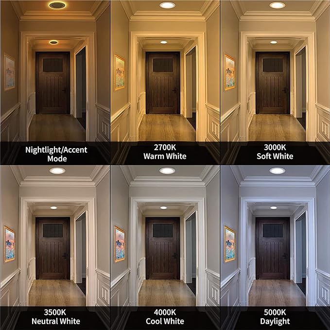 Meconard 6 Pack 4 Inch 5CCT LED Recessed Ceiling Light with Night Light, 2700K/3000K/3500K/4000K/5000K Selectable Ultra-Thin Lighting, 9W=75W, 750LM, Dimmable Canless Wafer Downlight, Black Trim