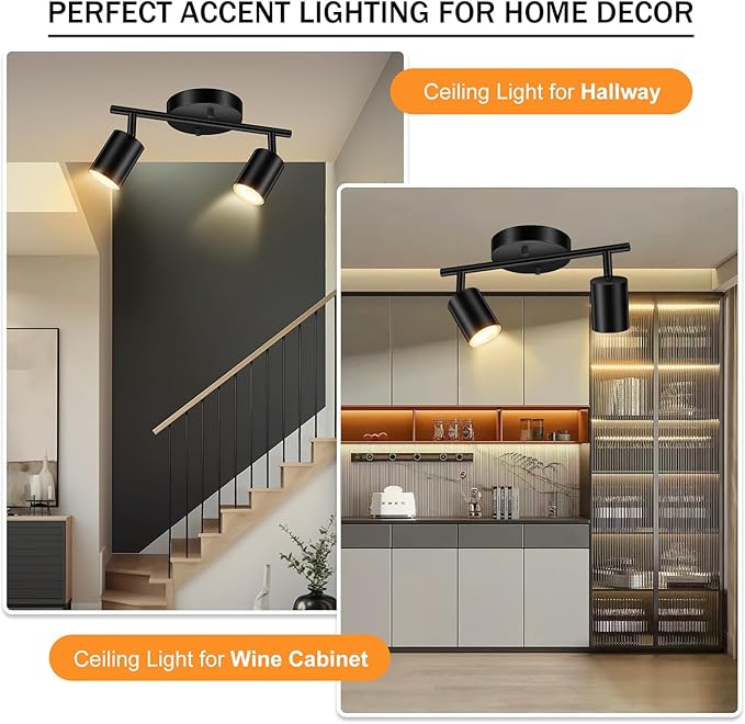 Black Track Lighting Ceiling, 2 Lights Track Lighting for Kitchen, Modern Track Lights Fixtures Ceiling Kit, Rotatable Track Heads, Wall Mount Spot Lighting for Living Room/Bedroom(Bulb Not Included)