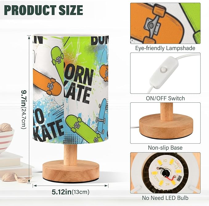 Aslsiy Grunge Skateboarding Bedside Table Lamp White Nightstand Lamp Night Light Fabric Shade for Bedroom Living Room Home Office