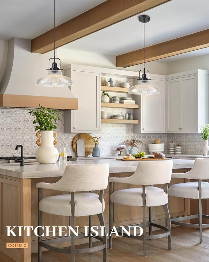 Black Glass Pendant Lights Kitchen Island 3 Pack, 12-inch Ribbed Glass Kitchen Pendant Lights, Farmhouse Pendant Lighting Over Island, Sink, Bar, Vintage Pendant Light for Dining Room