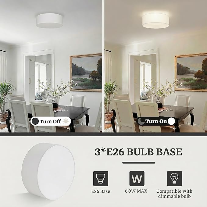 Flush Mount Ceiling Light, 16'' Modern Close to Ceiling Lamp with White Fabric Drum Shade, 3-Light Semi Flush Mount Ceiling Light Fixture, Farmhouse Ceiling Light for Bedroom Living Room