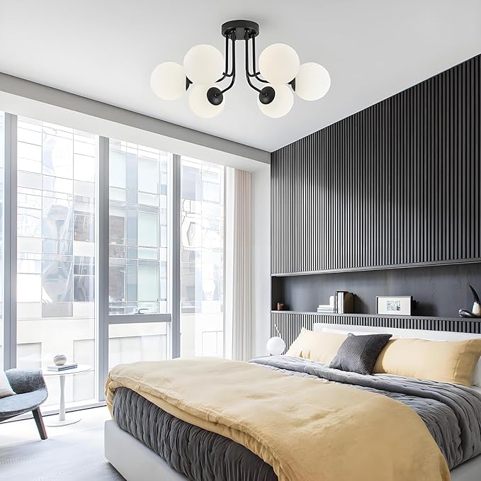 Modern Semi Flush Mount Ceiling Light 6-Light,Black White Glass Shade Semi Flush Mount Ceiling Light Sputnik Chandeliers for Bedroom Living Room Hallway Dining Room Lighting Fixture