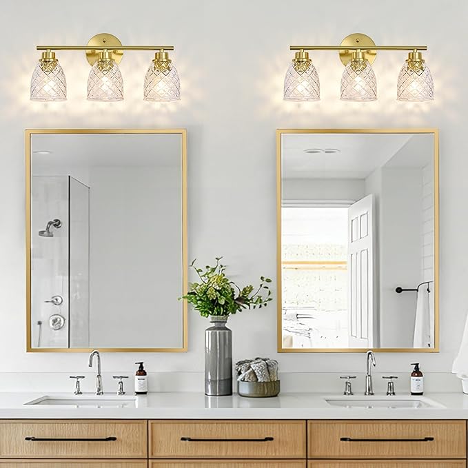3-Light Bathroom Light Fixtures, Modern Brushed Gold Vanity Light Over Mirror, Wall Sconce with Clear Hammered Glass Shades, E26 Base (Bulbs Not Included)