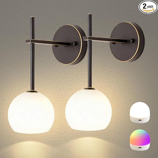 Brown Gold Battery Operated Wall Sconces Set of 2, Rechargeable Wireless Wall Lights with Milky White Frosted Glass, 12 RGB and 3CCT Dimmable, Wall Lamps with Remote for Bedroom Living Room Hallway