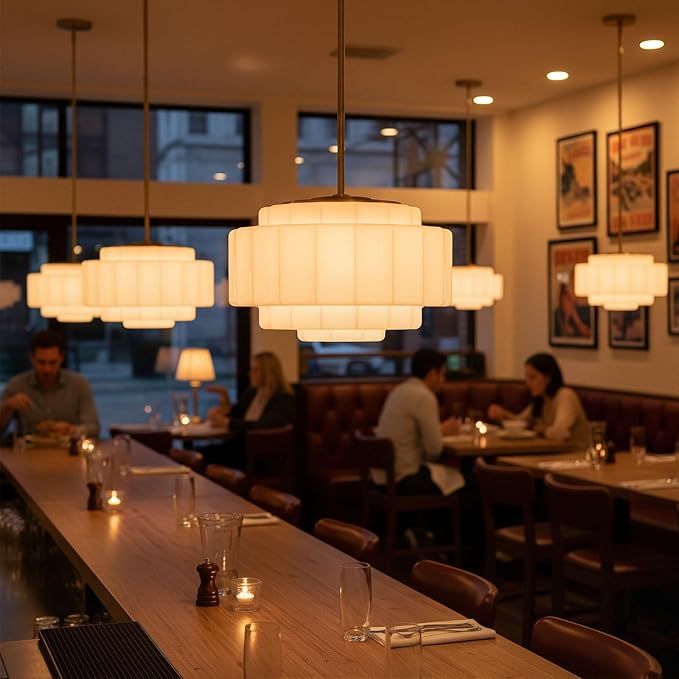 Vintage Milk Glass Pendant Lights, 15.7" White Pleated Glass Chandelier, Semi-Flush Mount Ceiling Light for Bedroom, Foyer, Living Room, Bar Counter, E12 Bulb Included (White, 15.7)