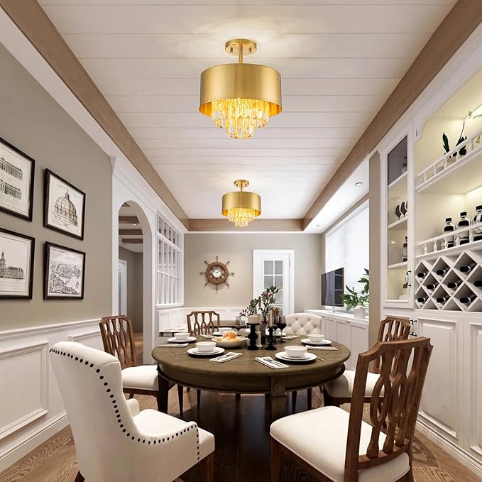 3-Light Luxury K9 Crystal Ceiling Light for Living Room, Foyer, Bedroom, Close to Ceiling Semi-Flushmount Light Fixture, Brass Finish Metal Lampshade & Champagne Crystal Pendant