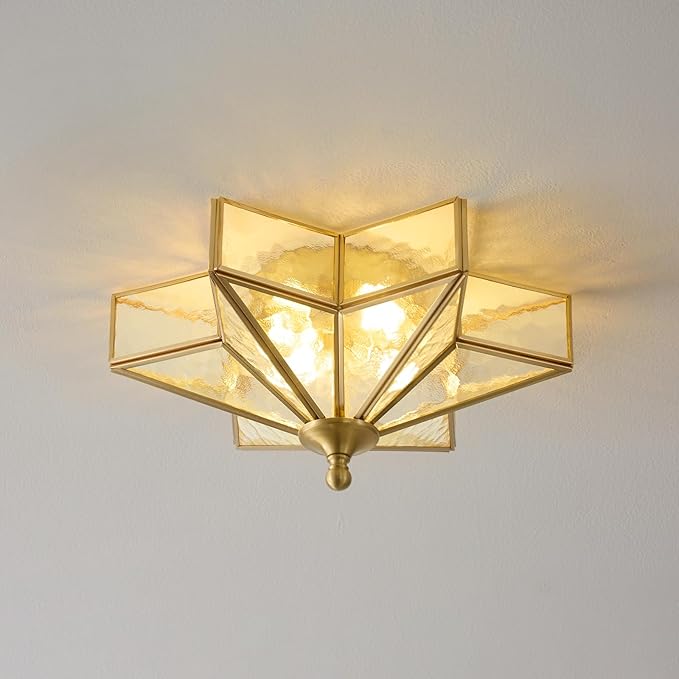 Star Brass Glass Ceiling Light - Small 12 in Gold Hammered Flush Mount Fixture - Unique Art Deco Vintage Modern Lighting Lights for Bedroom Dining Foyer Entryway Hall Hallway Outdoor Porch