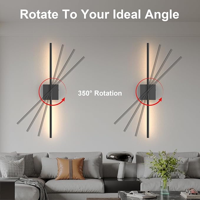 Tartek Battery Operated Wall Sconces Set of Two, Rechargeable Wall Lights with Remote Control, Dimmable 3000K-6000K LED Wall Lamp, 360°Rotate, Long Wireless Sconces for Living Room, Bedroom