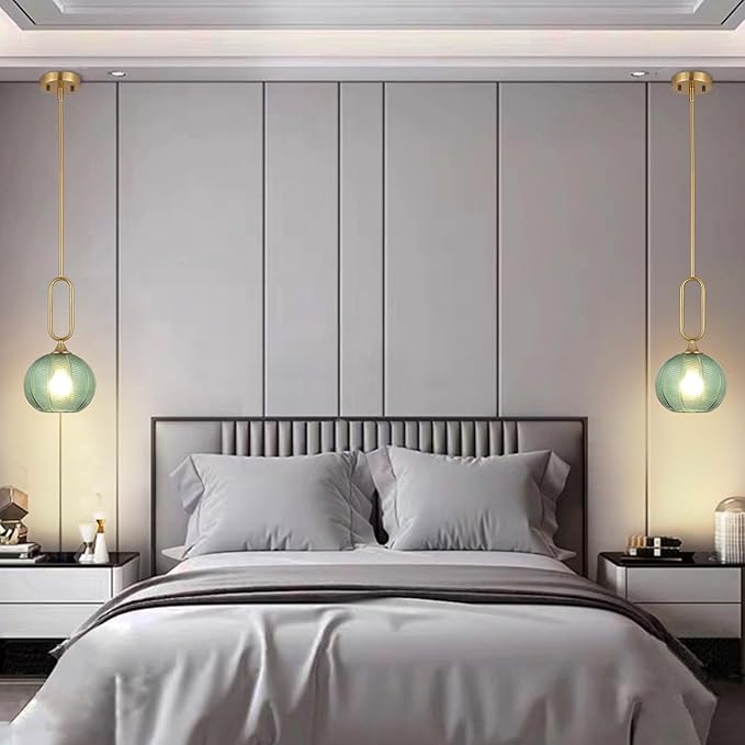 Green Glass Pendant Light Modern Globe Pendant Lighting Nordic Ribbed Gold Ceiling Hanging Chandelier with Brushed Brass Adjustable Rods Dining Room Kitchen Island Light Fixture