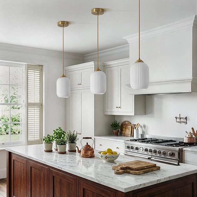 KCO Lighting Mid Century Modern White Oval Glass Gold Pendant Light Nordic 1-Light Brushed Brass Dining Pendant Lights Mini Globe Hanging Kitchen Island Lighting Fixtures