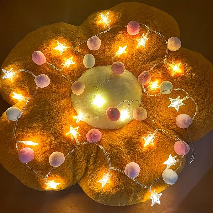 ChiRee Indoor String Lights 6.56 Feet Pom Poms Star Lights 20 LED Battery Operated String Fairy Lights Warm White Star Lights Colorful Decor Lights for Home Bedroom Kids Playhouse Holiday Christmas