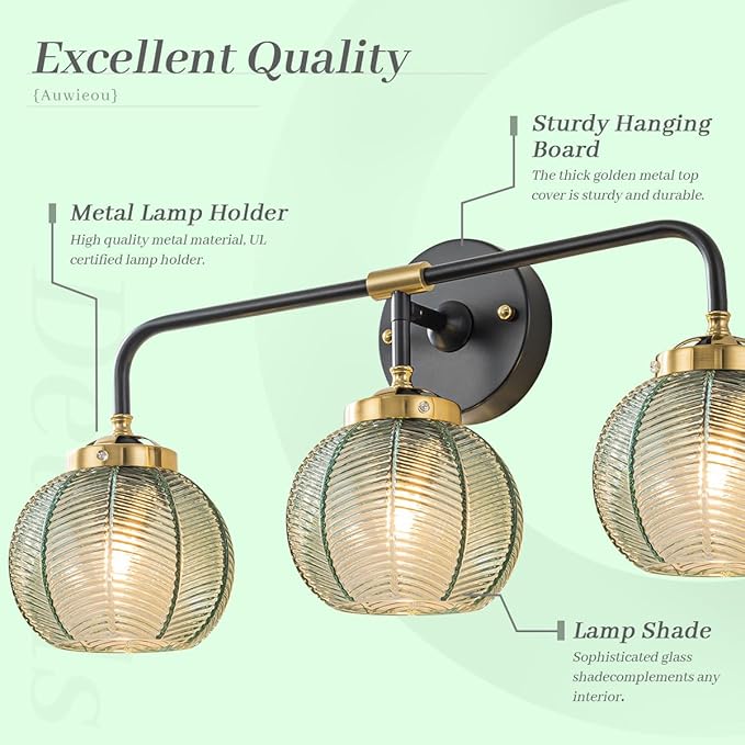 Black Wall Sconce 3 Light Bathroom Vanity Light Over Mirror, Vintage Wall lamp Green Glass Wall Sconce Light with Ribbed Glass Shade Bedroom Wall sconces for Bedroom Hallway Living Room