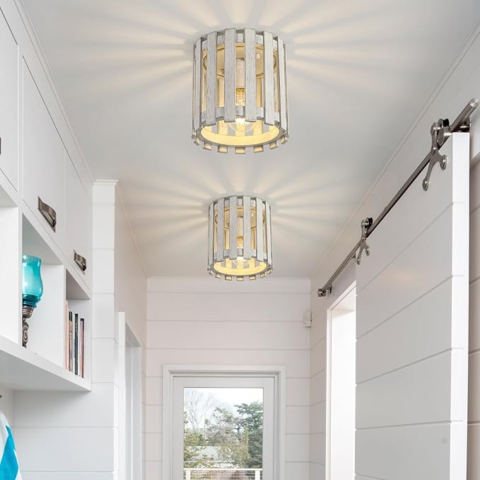 Rustic Flush Mount Ceiling Light, Farmhouse Wood Cage Semi Flush Mount Light for Entryway, Kitchen, Dining Room, White