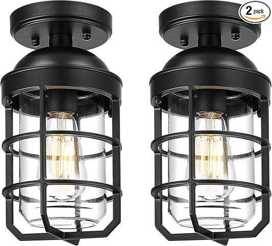 Emliviar Ceiling Light Fixtures Semi Flush Mount Set of 2, Matte Black Ceiling Lights for Foyer, Clear Tempered Glass, GE255LF-2PK BK
