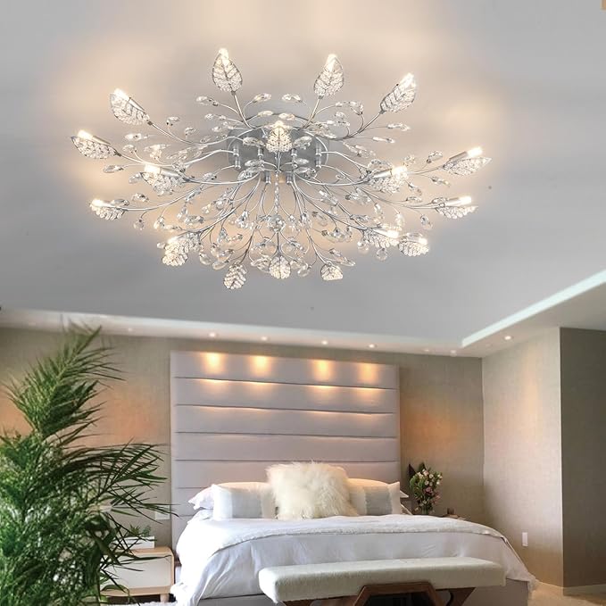 Modern Crystal Ceiling Light Fixture,Silvery Semi Flush Mount Chandeliers,Crystal Leaf Ceiling Light, Chandeliers for Dining Room,Living Room,Bedroom