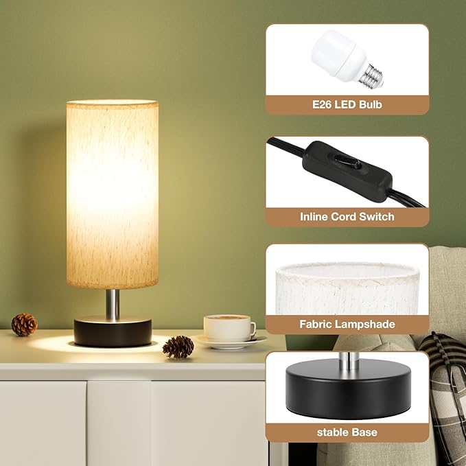 PartageiZ Small Table Lamp with LED Bulb - 3 Color Temperatures for Bedroom, Nightstand, Minimalist Night Stands, Desk, Kids, Living Room, Office, Dorm