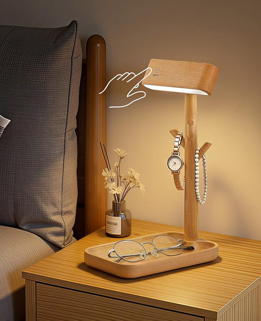 Wooden Table Lamp, Tree Trunk Rechargeable LED Desk Lamp with Organizer and Magnetic 360° Rotating Night Light for Bedside, Dorm Room or Living Space (Beech)