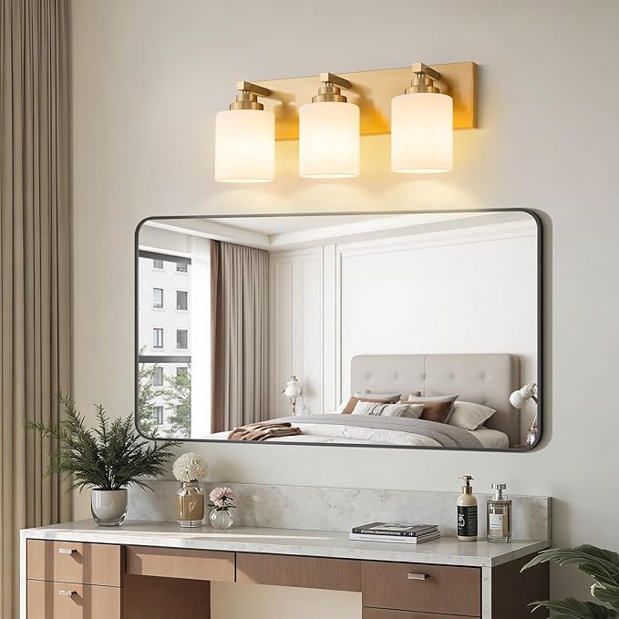 Bathroom Vanity Light Fixture, 3-Light Brushed Gold Bathroom Light Fixtures Over Mirror with Milky White Glass Shades, Modern Vanity Lights for Bathroom Living Room Hallway (Bulbs Not Included)