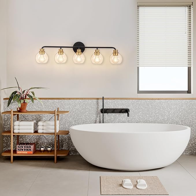 5 Light Bathroom Vanity Light, Black and Gold Bathroom Light Fixtures with Clear Glass Shade Modern Wall Sconces Lighting Bath Wall Lights Lamp for Mirror Kitchen Living Room Bedroom Hallway Cabinet