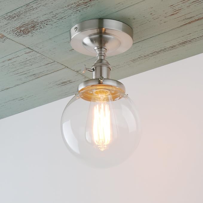 PERMO Modern Small Semi Flush Mount Ceiling Pendant Light Glass Ceiling Lights Hallway Fixtures with Flate Ribbed Glass Lampshade, 1-Light (Brushed, 301)