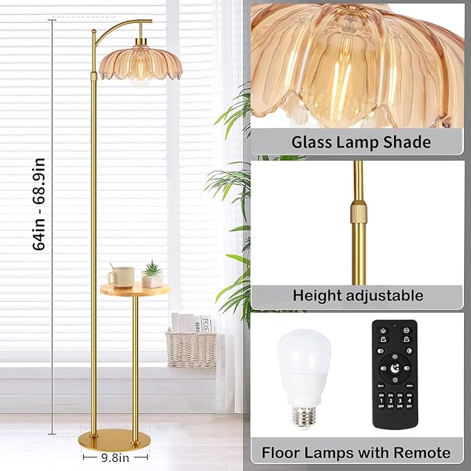 QIYIZM Gold Floor Lamp with Table and Shelves for Living Room Bedroom,Glass Standing Lamp with Remote Dimmable,Boho Brass Tall Lamp Vintage Farmhouse Arc Flower Floor Light Bohemian