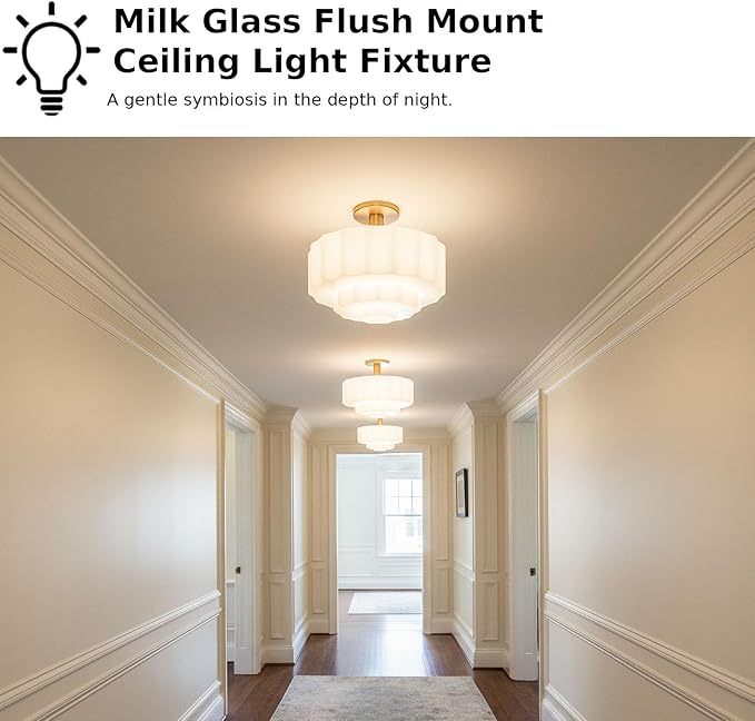 Milk Glass Ceiling Light Fixture - 13.7'' Antique Gold Semi-Flush Mount Ceiling Light for Bedroom, Foyer, Living Room, Bar Counter, Includes 3X E12 Bulbs (White 13.7 inch)
