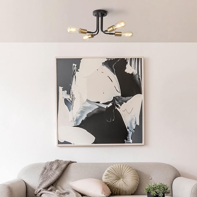 GLOBE Electric 66000072 4-Light Adjustable Socket Semi-Flush Mount Ceiling Light, Matte Black, Matte Brass Accents, Ceiling Light Fixture, Home Improvement, E26 Base, Pivot Joint, Exposed Socket