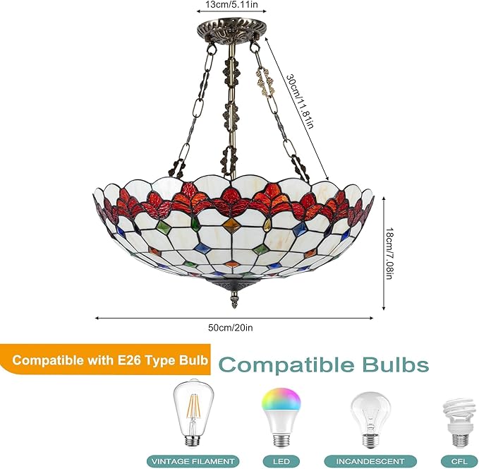 Vintage Pendant Light Fixtures, 20 Inch Stained Glass Hanging Lamp 100-240V Antique Style Ceiling Mount Fixture for Dining Room Living Room Kitchen Entryway-E26