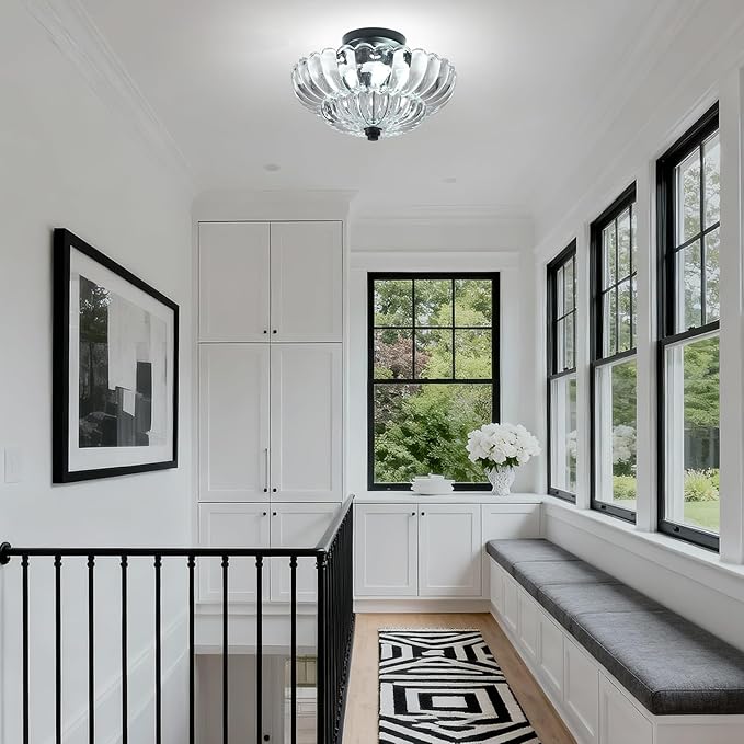 Semi Flush Mount Ceiling Light, 11.8 Inch Black Vintage Hallway Light Fixture with Transparent Glass, Close to Ceiling Light for Bedroom Kitchen Living Room Bathroom Foyer, E26 Base