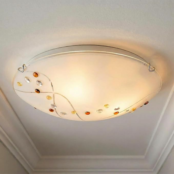 Quoizel Stellar 16" 3-Light Round Flush Mount, Polished Chrome, Frosted Glass with Amber & Clear Jewels, Dimmable