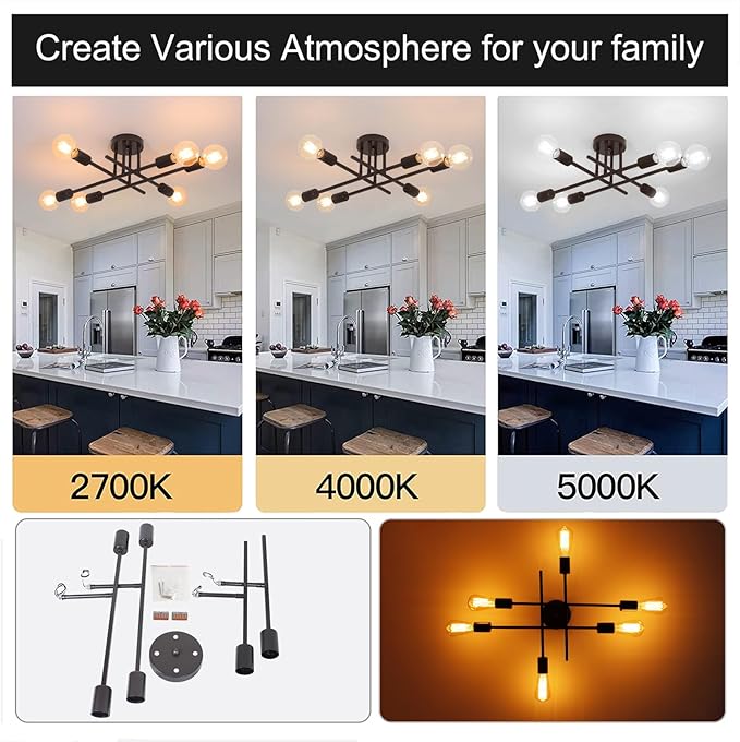 Industrial 6-Light Semi Flush Mount Ceiling Light Fixture, Oil Rubbed Bronze Modern Ceiling Lights, Rustic Sputnik Ceilings Lamp for Living Room Hallway Foyer Entryway