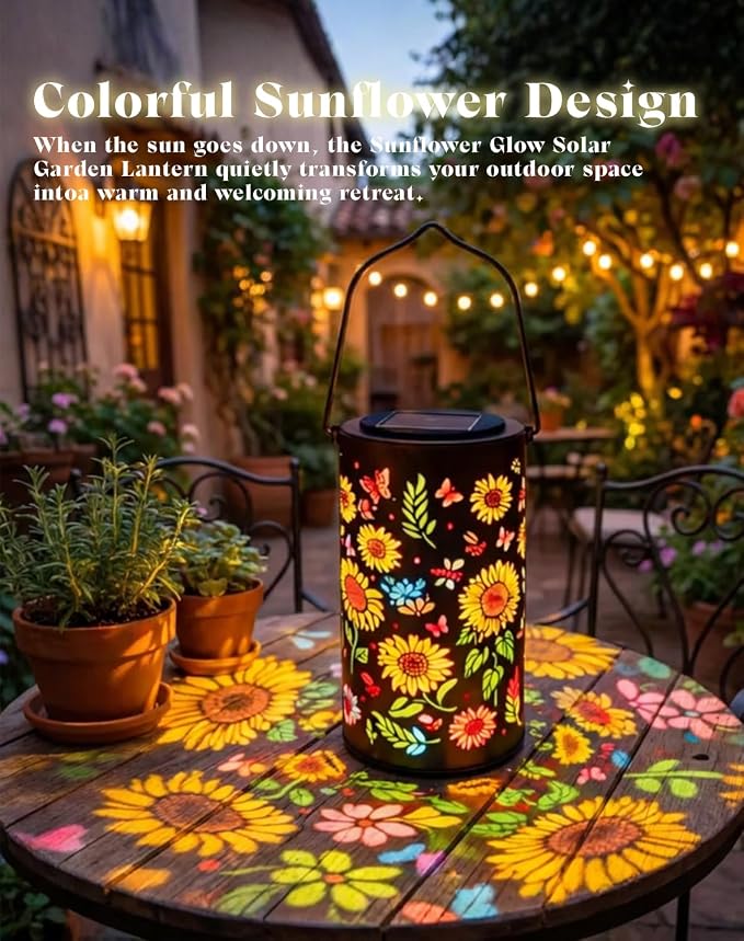 Colorful Sunflower Glow Solar Garden Lantern - Outdoor Waterproof Decorative Hanging Solar Lights, Metal Solar Powered Garden Decor for Patio, Yard, Gifts (Sunflower)