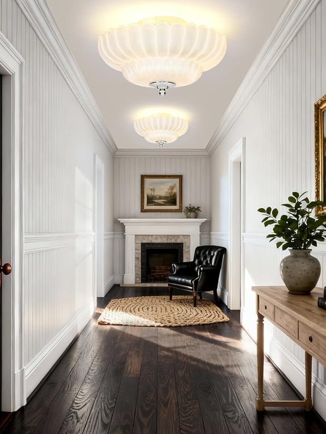 Modern White Ceiling Light Fixture, 12" White Glass Flush Mount Chandeliers, Semi Flush Mount Ceiling Light Fixture Suitable for Living Room Hallway Kitchen Bedroom
