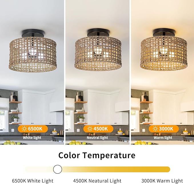 Bohemian Rattan Semi-Flush Ceiling Light, 12-inch 3-Light Handwoven Pendant with Natural Fiber Shade, Vintage Farmhouse E26 Fixture for Bedroom Kitchen Entryway (Retro Design, LED Bulb Compatible)