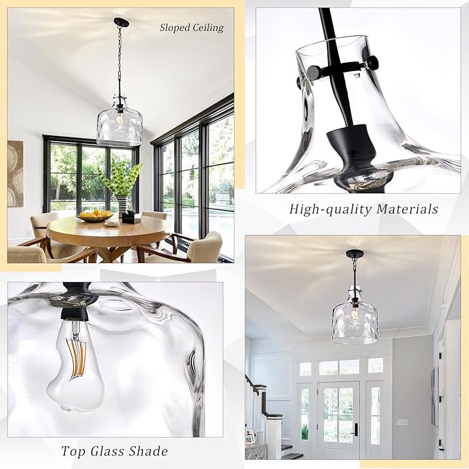 CATINER Extra Large 16" Vintage Farmhouse Pendant Light – Hand-Blown Clear Hammered Glass Shade, Adjustable Chain, Hanging Light for Kitchen Island, Dining Room, Hallway, Black Finish