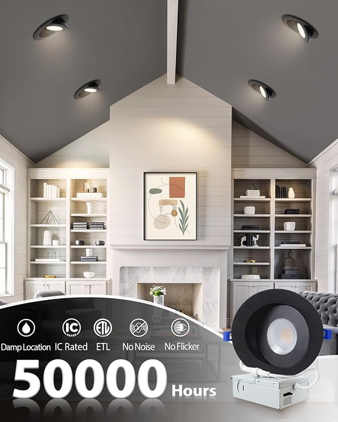 zouzai 6 inch 5CCT Gimbal Black Led Recessed Lights, 360°+90° Adjustable Directional Recessed Lighting, 2700K-5000K Dimmable Retrofit Eyeball Can Lights with Jbox, ETL&Energy Star(Black,6 Pack)