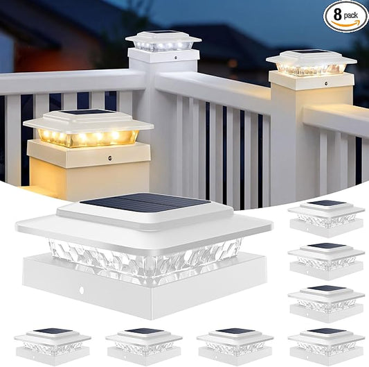 kolpop 4x4 Solar Post Cap Lights Outdoor 8Pack- 3 Color Temperatures&2 Level Brightness, IP65 Waterproof, 16 LED Fence Deck Post Light Solar Powered Only for 4×4/3.5×3.5 Wood/Vinyl Posts(White)