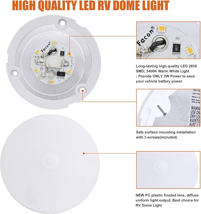 Facon 2-Pack Ultra Slim 3.5'' 12V RV Puck Lights w/Switch, SY-SM35 3400K Warm White LED Interior Lights for RVs, Camper Van, Boats, 12V Dome Light Fixture – cETL Certified
