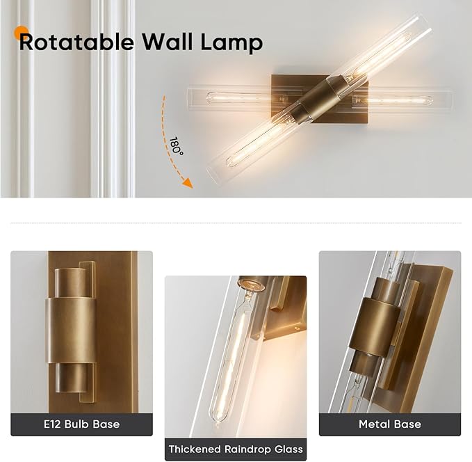 24.8" L Minimalist Style Wall Sconces 2-Lights Brass Wall Lights Fixtures Morden Cylinder Wall Light for Bathroom Vanity Light Indoor Wall Mounted Lamps for Living Room,Bedroom,Hallway