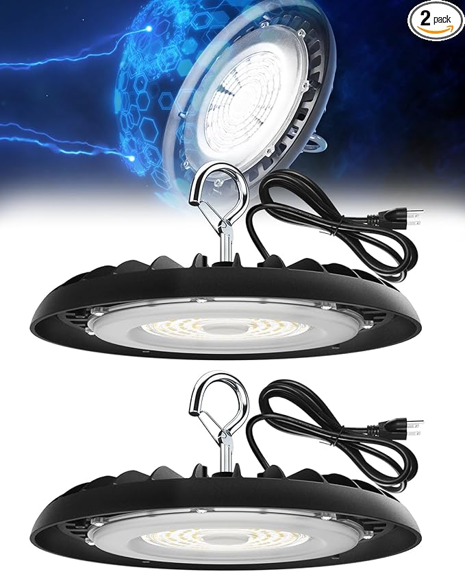 Barrina UFO LED High Bay Light, 150W 21000LM, High Bay LED Shop Lights for Warehouse, 5000K, IP65 Waterproof with 5.9FT Cable US Plug, Commercial Lights for Workshop Factory Barn, 2 Packs, UL Listed