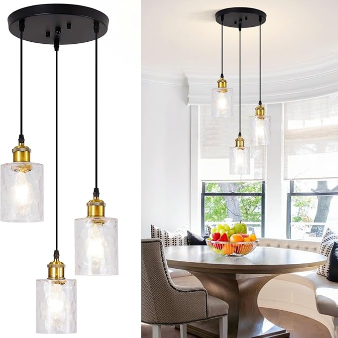 Modern Pendant Lights Kitchen Island, 3-Light Black and Gold Pendant Light Fixtures with Clear Hammered Glass Shade, Industrial Hanging Pendant Lights Fixture for Kitchen Island Dining Room Entryway