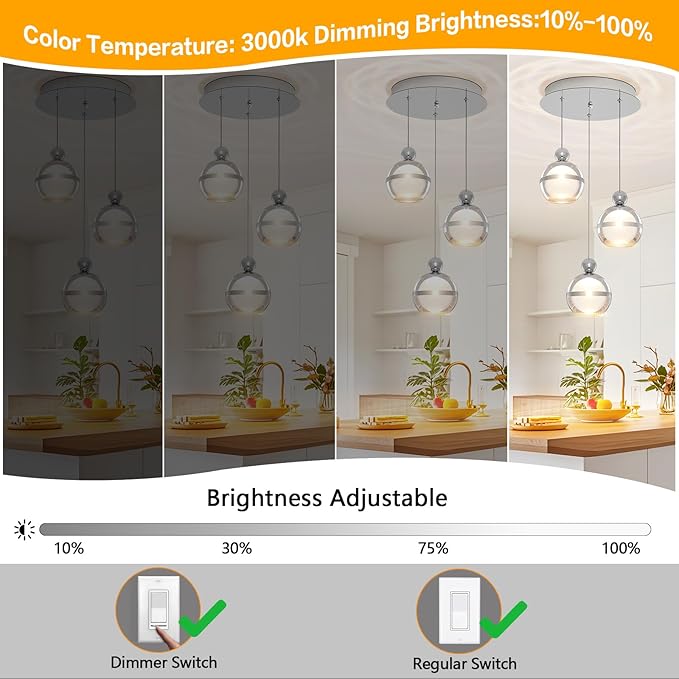 Cluster Acrylic Pendant Lighting, 3 Light Chrome Globe LED Hanging Pendant Light Fixtures with Dimmable, Modern Pendant Lights Kitchen Island for Dining Room Living Room Bedroom Stairs