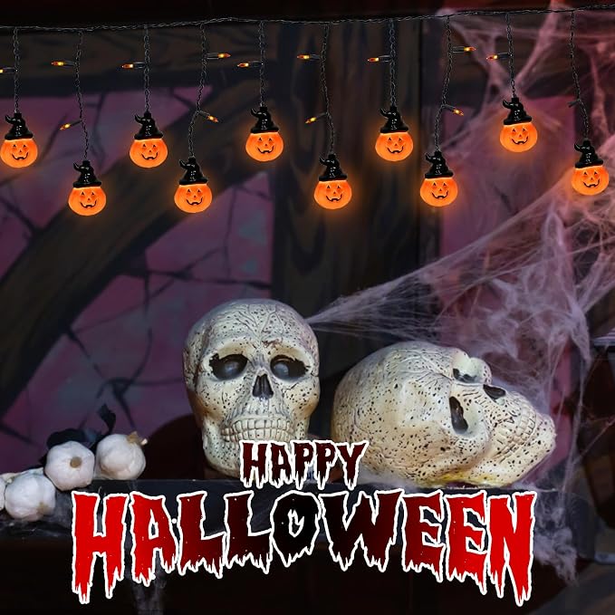 Halloween Curtain Pumpkin Hat Lights, 7Ft Hanging Halloween Decorative String Light with 10 Witch Hat Pumpkin Lights and 15 Mini Orange Bulbs UL Listed for Indoor Outdoor Party Porch Window Decor