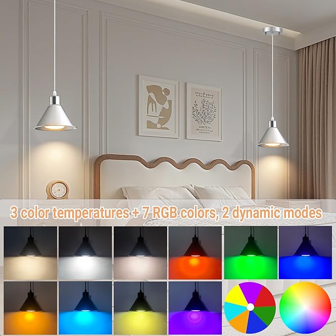 Battery Operated Pendant Light Set of 2, RGB Color Changing Rechargeable Hanging Light with Remote Up to 50 Hours Use, Vintage Pendant Light No Wiring for Bedroom Living Room(Nickel)