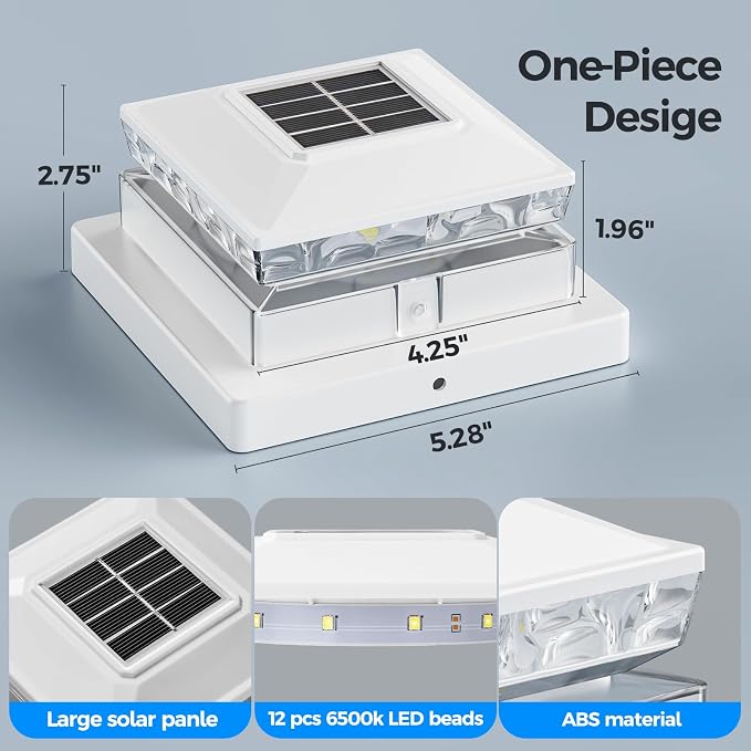 JOFIOS Solar Post Cap Lights, 6500K Cool White IP65 Waterproof Solar Powered Fence Light for 4x4 Wood Post & 5x5 Vinyl Fence, Deck Patio Garden Yard Outdoor Landscape Lighting, ABS Material