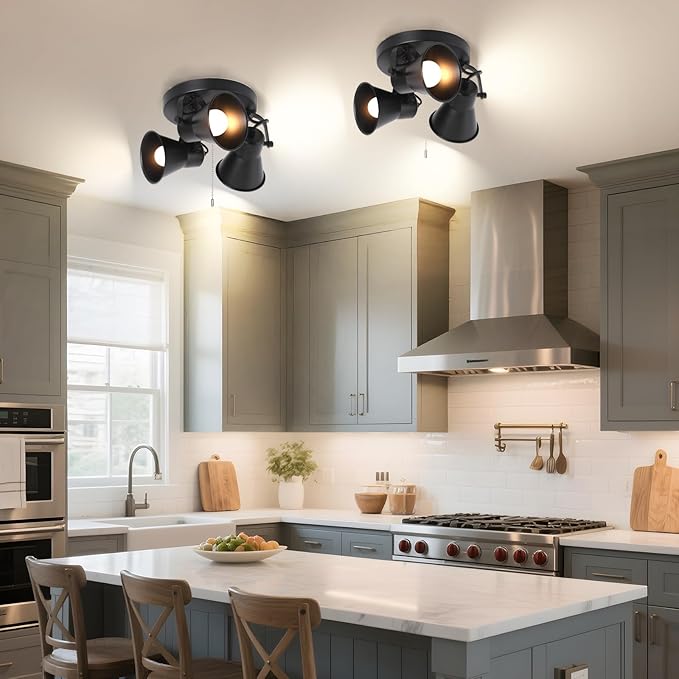KEESFU Adjustable 3-Light Track Lighting with Pull Chain Switch, Modern Round Ceiling Lamp for Kitchen Hallway Bathroom, Directional Flush Mount Fixture for Dining Room Bedroom Office.