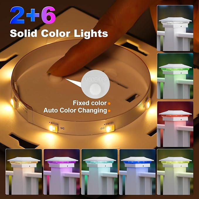 APONUO Solar Post Cap Lights Color Changing - RGB 8 Solid & Gradient Colors, IP65 Waterproof, for 4x4 5x5 6x6 Wood Vinyl Fences, Deck, Patio, Yard, White, 12 Pack