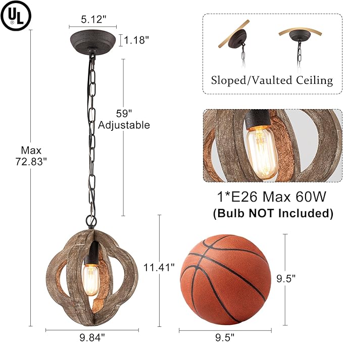 9.84" Modern Farmhouse Wood Pendant Lights Kitchen Island Small Orb Distressed Oak Pendant Light Rustic Ceiling Hanging Light for Kitchen Over Sink Hallway Entryway Foyer Adjustable Chain E26